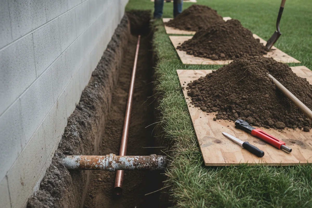 Excavated water line trench during Water Heater Repair in Elbert